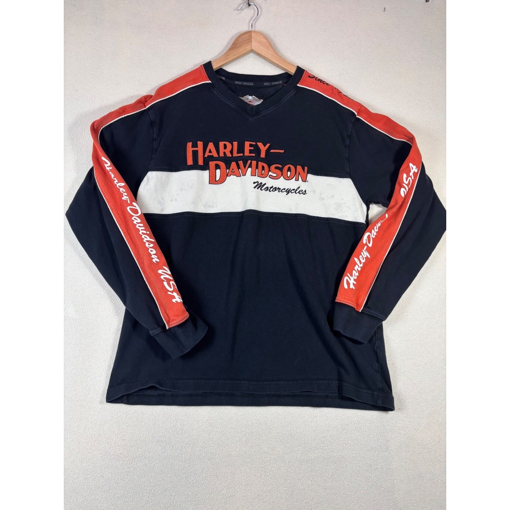 Harley-Davidson Womens L Long Sleeve Colorblock Motorcycle Shirt Black Orange